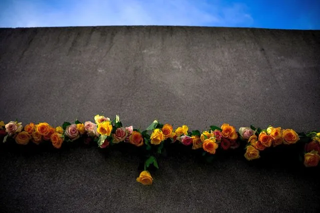 Flowers are placed in a slit in a back wall at the Berlin Wall memorial on the occasion of the 33rd anniversary of the fall of the Berlin Wall, on November 9, 2022 in Berlin. (Photo by John MacDougall/AFP Photo)