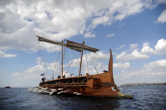 Citizens have the chance to row “Olympias”, a reconstruction of an ancient Athenian trireme, a ship commissioned in the Greek Navy, in the southern suburb of Faliro in Athens, Greece, August 28, 2016. (Photo by Michalis Karagiannis/Reuters)