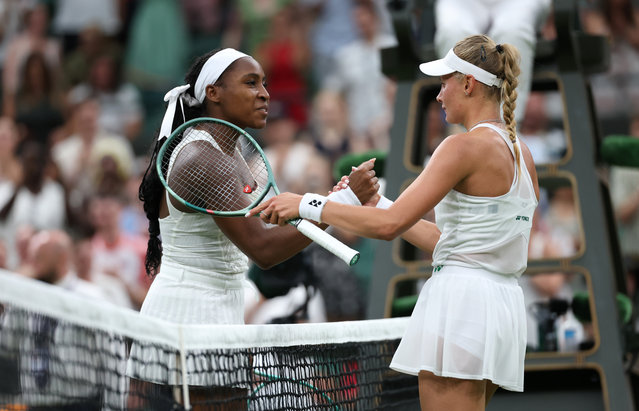 Coco Gauff of United States shakes hands with against Yastremska of Ukraine at the net following defeat during the Ladies' Singles first round match on day two of The Championships Wimbledon 2025 at All England Lawn Tennis and Croquet Club on July 01, 2025 in London, England. (Photo by Clive Brunskill/Getty Images)