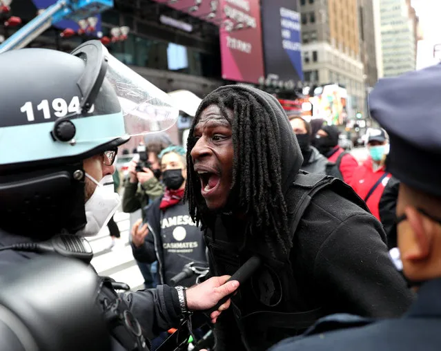 Anti-Trump and pro-Trump protesters battled in street of Times Square in Manhattan with officers arresting anti-Trump protesters on October 25, 2020. (Photo by G.N.Miller/The New York Post)