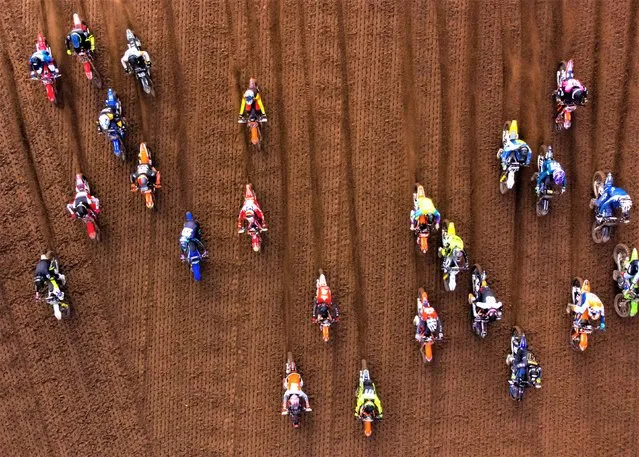 An aerial view as riders are seen on the start straight during the Hawkstone International MX race at Hawkstone Park on February 26, 2023 in Shrewsbury, England. (Photo by Cameron Smith/Getty Images)
