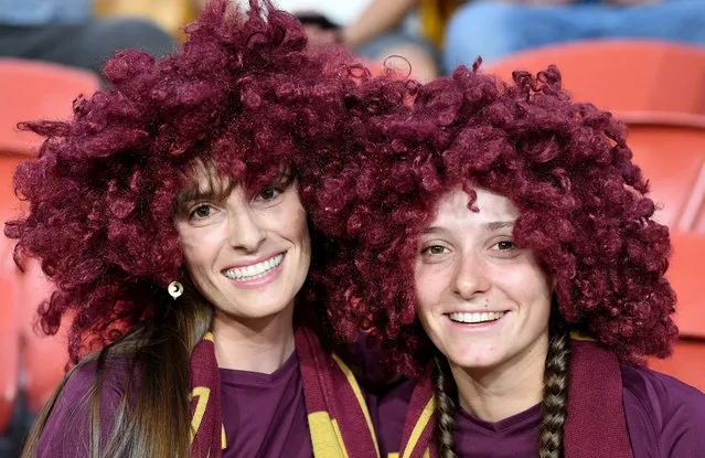 Queensland fans show their support during game three of the State of Origin series between the Queensland Maroons and the New South Wales Blues at Suncorp Stadium on November 18, 2020 in Brisbane, Australia. (Photo by Bradley Kanaris/Getty Images)