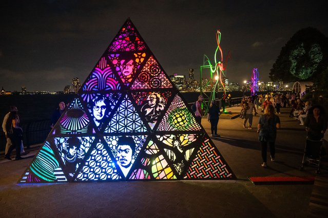 A view of light installations during Illumination NYC, a three-night light art festival, in Wagner Park in New York City on September 25, 2025. (Photo by Erik Pendzich/Rex Features/Shutterstock)