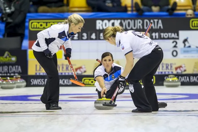 Scotland's (L-R) Sarah Reid, Anna Sloan and Vicki Adams in semi-final action at the European Curling Championships in Esbjerg, Denmark, November 26, 2015. (Photo by Niels Husted/Reuters/Scanpix)