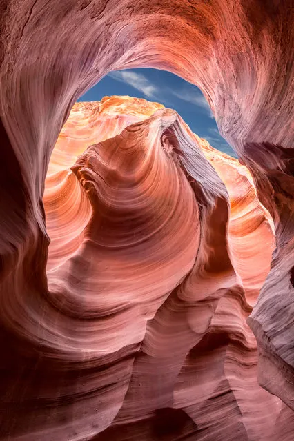 “Touch of Blue”. A slot canyon begins as a hairline crack in rock, which is beaten upon by rapidly flowing water until it becomes larger; finally over a vast period of time and a multitude of flash floods have eroded the rock, it forms a narrow crevice. The final result is a claustrophobic caverns, twisting and turning, often allowing only a glitter of glowing light into its depths. Wind, water and time carve lines on the walls of some slot canyons where flowing patterns run fluidly like the wind that help make them. Location: Arizona. (Photo and caption by John Chaney/National Geographic Traveler Photo Contest)