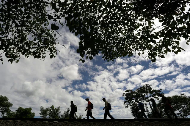 Immigrants walk toward the premises of a group called “Las Patronas” (The bosses), a charitable organization that feeds Central American immigrants on their way to the border with the United States who travel atop a freight train known as “La Bestia”, in Amatlan de los Reyes, in Veracruz state, Mexico October 22, 2016. (Photo by Daniel Becerril/Reuters)