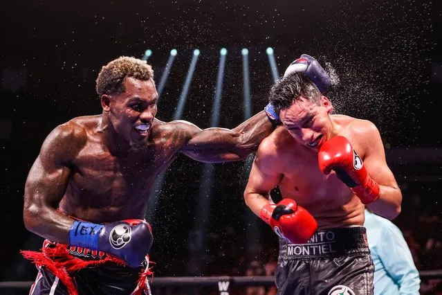 Jermall Charlo (L) and Juan Macias Montiel exchange punches during their WBC middleweight title fight at Toyota Center on June 19, 2021 in Houston, Texas. (Photo by Carmen Mandato/Getty Images)