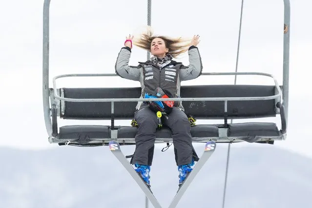 Roberta Melesi of Italy fixes her hair on the ski lift during practice runs for the Stifel Killington Cup FIS World Cup giant slalom race at Killington Resort in Vermont on November 24, 2023. (Photo by Erich Schlegel/USA Today Sports)