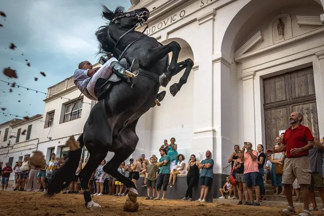 A “caixer” (horse rider) rears up on his horse during the traditional “Jaleo” at the Sant Lluiset Festival in Sant Lluis, Spain on September 3, 2022. (Photo by Matthias Oesterle/Rex Features/Shutterstock)