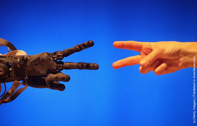 Life-size humanoid robot BERTI (Bristol EluMotion Robotic Torso number 1 or RT-1) plays the game rock-paper-scissors