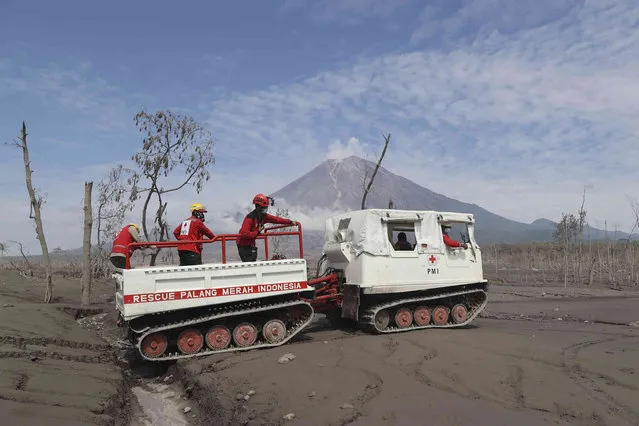 Rescuers ride on an all-terrain vehicle during a search for victims of the eruption of Mount Semeru, background, in Lumajang, East Java, Indonesia, Wednesday, December 8, 2021. (Photo by Trisnadi/AP Photo)