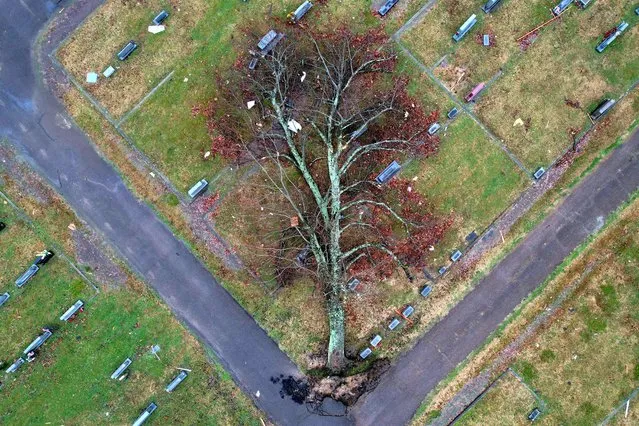 Aerial view of a fallen tree in a graveyard after a devastating outbreak of tornadoes ripped through several U.S. states, in Mayfield, Kentucky, U.S. December 17, 2021. Picture taken with a drone. (Photo by Cheney Orr/Reuters)