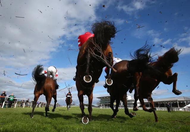 Horses and riders jump a fence during the Bulloughs Cleaning Services Handicap Steeple Chase at Wetherby Racecourse on April 13, 2017 in Wetherby, England. (Photo by Alex Livesey/Getty Images)