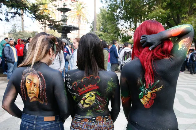 Activists with her body paint is seen during a rally called “Global Marijuana March 2017” against drug trafficking and in favor for the legalization of self-cultivation of marijuana for medicinal and recreational purposes in Valparaiso, Chile May 6, 2017. (Photo by Rodrigo Garrido/Reuters)