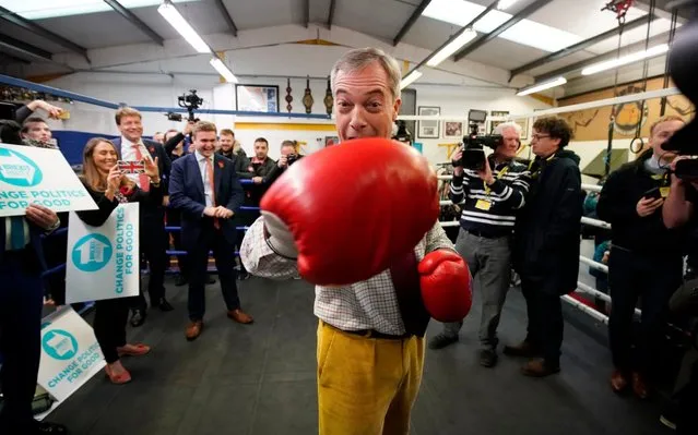 Brexit party leader Nigel Farage attends an election campaign event at Bolsover Boxing Club on November 5, 2019 in Bolsover, England. The UK’s main parties are gearing up for a December 12 general election after the motion was carried in a bid to break the current Parliamentary deadlock over Brexit. (Photo by Christopher Furlong/Getty Images)