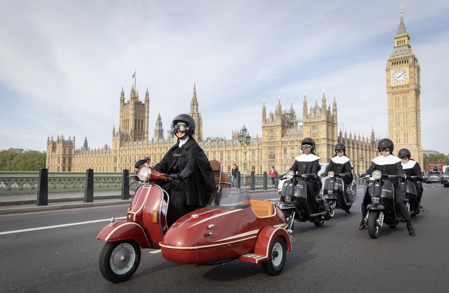 Moped drivers dressed as nuns ride through central London on Tuesday, May 23, 2023 to launch second series of “Sister Boniface Mysteries” on Drama and UKTV Play on Friday May 26. (Photo by Matt Alexander/PA Wire Press Association)