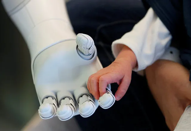 New recruit “Pepper” the robot, a humanoid robot designed to welcome and take care of visitors and patients, holds the hand of a new born baby at AZ Damiaan hospital in Ostend, Belgium June 16, 2016. (Photo by Francois Lenoir/Reuters)