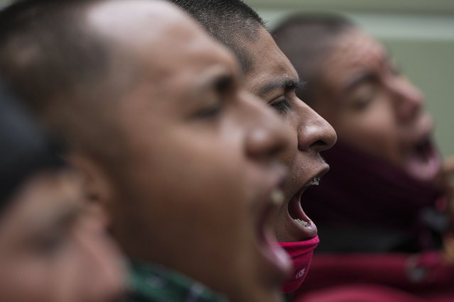 Students demonstrate ahead of the 10th anniversary of the disappearance of 43 Ayotzinapa students in Guerrero state, in Mexico City, September 24, 2024. (Photo by Fernando Llano/AP Photo)