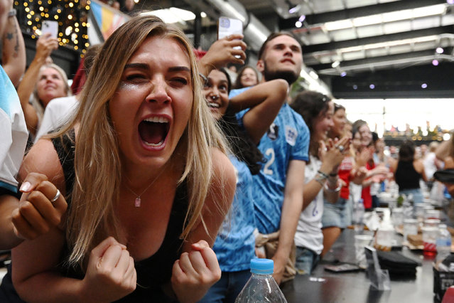 England fans react as their team scores during the FIFA Women's World Cup Australia & New Zealand 2023 Semi Final match between England and Australia, at Boxpark Wembley on August 16, 2023 in London, England. (Photo by Leon Neal/Getty Images)