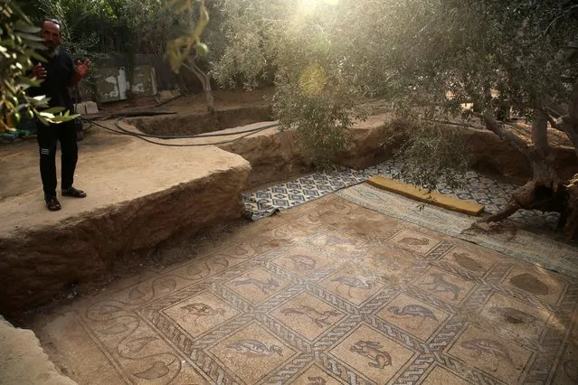 A picture shows Byzantine mosaics dating from the fifth to seventh centuries after being uncovered by a farmer ploughing his land, in the central Gaza Strip on September 19, 2022. Found in an area less than a kilometre (half a mile) from the often tense border with Israel, the mosaics are &quot;in a perfect state of conservation&quot;, said French archaeologist Rene Elter, a researcher associated with the French Biblical and Archaeological School of Jerusalem whose team examined the finds. (Photo by Majdi Fathi/NurPhoto via Getty Images)