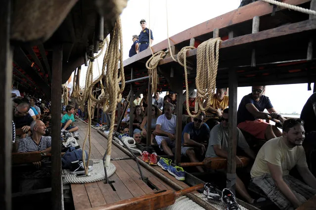 Citizens have the chance to row “Olympias”, a reconstruction of an ancient Athenian trireme, a ship commissioned in the Greek Navy, in the southern suburb of Faliro in Athens, Greece, August 28, 2016. (Photo by Michalis Karagiannis/Reuters)