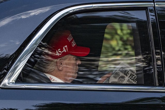 President Donald Trump reads The NY Post as he arrives at Trump National Golf Club, Saturday, April 5, 2025, in Jupiter, Fla. (Photo by Alex Brandon/AP Photo)