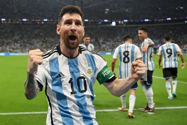 Lionel Messi of Argentina celebrates scoring their team's first goal during the FIFA World Cup Qatar 2022 Group C match between Argentina and Mexico at Lusail Stadium on November 26, 2022 in Lusail City, Qatar. (Photo by Dan Mullan/Getty Images)