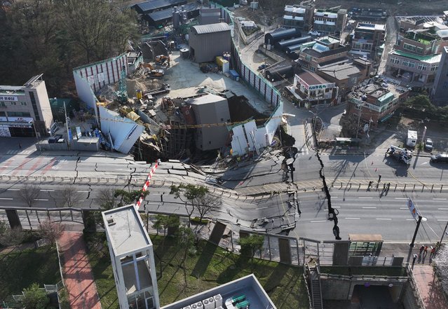 A general view shows the site of a collapsed construction site in Gwangmyeong, southwest of Seoul on April 11, 2025, which was part of an underground transit project connecting Seoul's Yeouido district to Ansan and Siheung in Gyeonggi province, the country's most populous region. (Photo by Yonhap/AFP Photo)