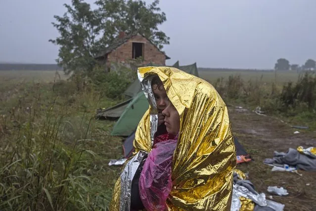 Migrants covered with a space blanket wait to cross the border with Croatia near the village of Berkasovo, Serbia October 19, 2015. (Photo by Marko Djurica/Reuters)