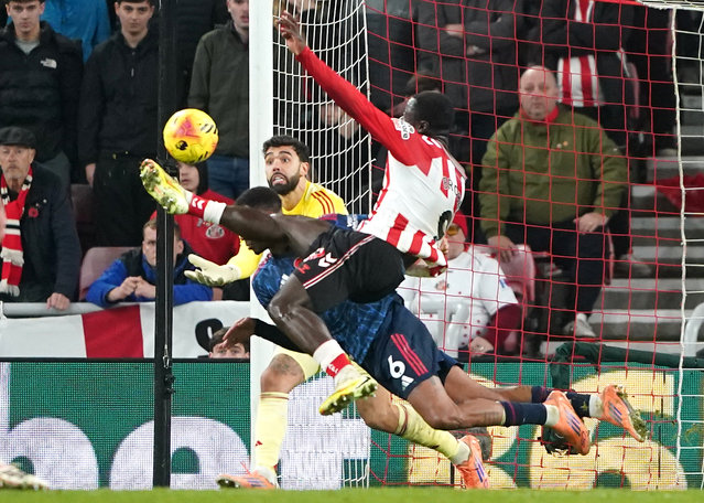 Sunderland's Brian Brobbey scores their side's second goal of the game during the Premier League match at the Stadium of Light, Sunderland, UK on Saturday, November 8, 2025(Photo by Owen Humphreys/PA Wire)