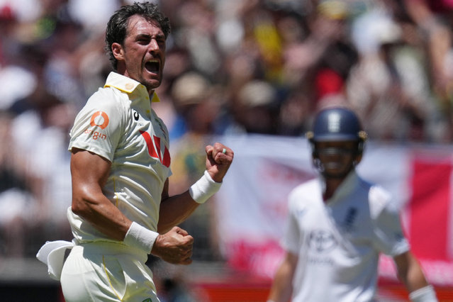 Mitchell Starc of Australia celebrates dismissing Ben Stokes of England during day two of the First 2025/26 Ashes Series Test Match between Australia and England at Perth Stadium on November 22, 2025 in Perth, Australia. (Photo by Asanka Brendon Ratnayake/Reuters)
