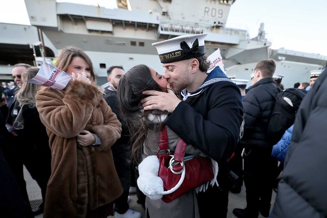 The British aircraft carrier HMS Prince of Wales arrives back at Portsmouth naval base on November 30, 2025 following an eight month deployment. (Photo by Richard Pohle/Times Media Ltd)