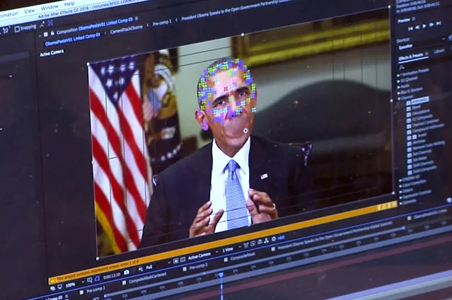 This image made from video of a fake video featuring former President Barack Obama shows elements of facial mapping used in new technology that lets anyone make videos of real people appearing to say things they've never said. There is rising concern that U.S. adversaries will use new technology to make authentic-looking videos to influence political campaigns or jeopardize national security. (Photo by AP Photo)