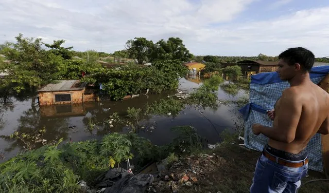 A man looks over flooded houses near the Paraguay river in Asuncion, December 27, 2015. (Photo by Jorge Adorno/Reuters)