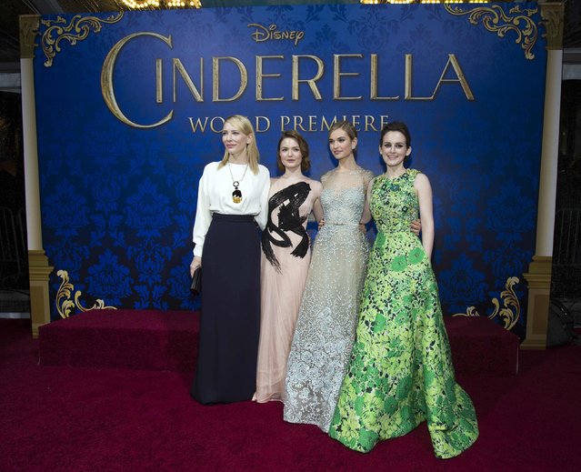 Cast members Cate Blanchett (L-R), Holliday Grainger, Lily James and Sophie McShera pose at the premiere of "Cinderella" at El Capitan theatre in Hollywood, California March 1, 2015. The movie opens in the U.S. on March 13. REUTERS/Mario Anzuoni  (UNITED STATES - Tags: ENTERTAINMENT)