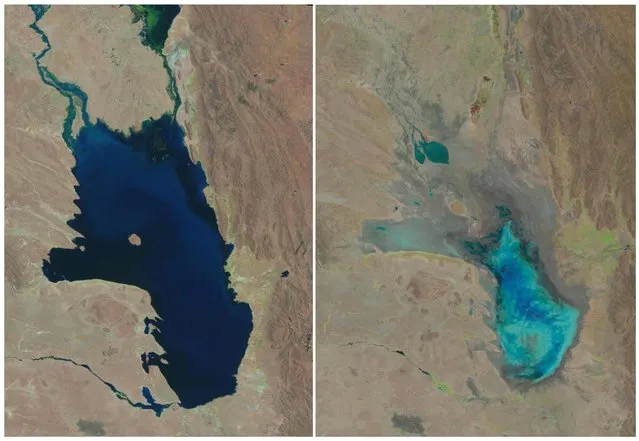 This photo combo of satellite images provided by the USGS shows Lake Poopo filled with water on October 11, 1986, left, and almost dry on January 16, 2016, right,  in Bolivia. As Andean glaciers disappear so do the sources of Poopo's water. Along with glacial melting, authorities say another factor is the diversion of water from Poopo's tributaries, mostly for mining but also for agriculture. (Photo by USGS via AP Photo)