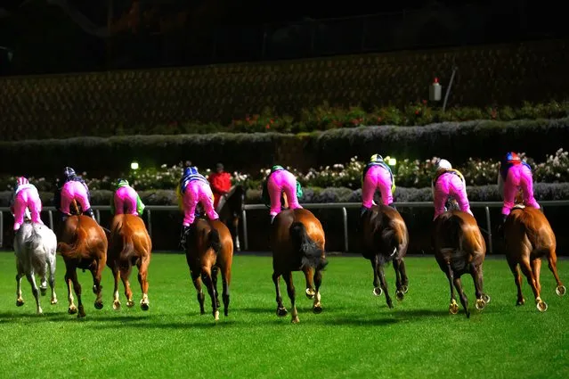 Jockeys wearing Pink silks to support Breast Cancer Network Australia in Race 5, the Breast Cancer Network Australia Handicap, during Melbourne Racing at Moonee Valley Racecourse on October 06, 2023 in Melbourne, Australia. (Photo by Vince Caligiuri/Getty Images)