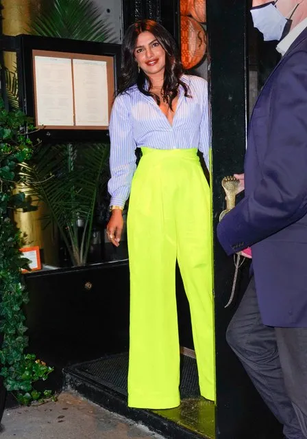 Indian actress Priyanka Chopra arrives at the opening of her new Indian restaurant Sona in New York on June 25, 2021. The 38 year old actress and singer stood proudly at the door wearing a light blue blouse paired yellow day-glo high waisted trousers. (Photo by The Image Direct)