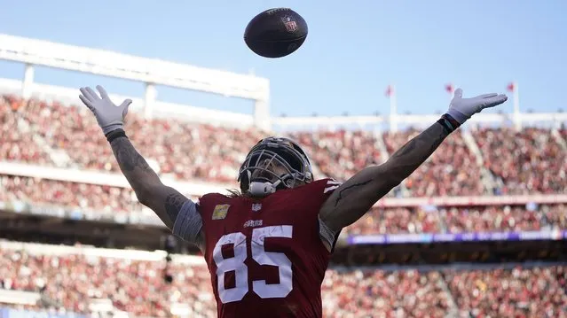 San Francisco 49ers tight end George Kittle (85) celebrates after scoring against the Tampa Bay Buccaneers during the second half of an NFL football game in Santa Clara, Calif., Sunday, November 19, 2023. (Photo by Godofredo A. Vásquez/AP Photo)