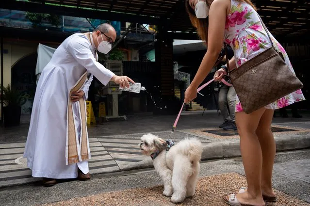 A priest sprinkles holy water at a dog at a drive-through pet blessing, ahead of World Animal Day, at a mall in Quezon City, Metro Manila, Philippines on October 2, 2022. (Photo by Lisa Marie David/Reuters)