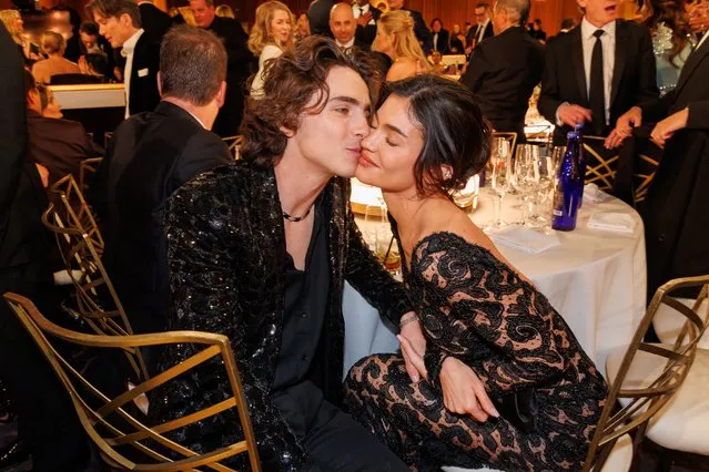 American-French actor Timothée Chalamet and American socialite and media personality Kylie Jenner at the 81st Golden Globe Awards held at the Beverly Hilton Hotel on January 7, 2024 in Beverly Hills, California. (Photo by Christopher Polk/Golden Globes 2024/Golden Globes 2024 via Getty Images)