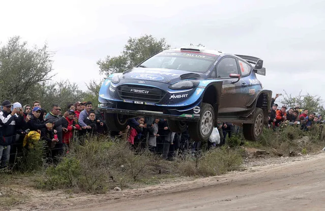 Driver Elfyn Evans and his co-driver Scott Martin, both from Britain, race their Ford Fiesta WRC on the first day of the fifth round of the FIA World Rally Championship in Las Bajadas, Cordoba, Argentina, Friday, April 26, 2019. (Photo by Nicolas Aguilera/AP Photo)
