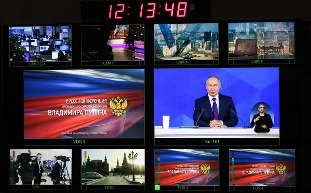 A live broadcast of Russian President Vladimir Putin's annual end-of-year news conference in a control room of the Public Television of Russia (OTR) TV Channel in Moscow, Russia on December 23, 2021. (Photo by Anton Novoderezhkin/TASS)