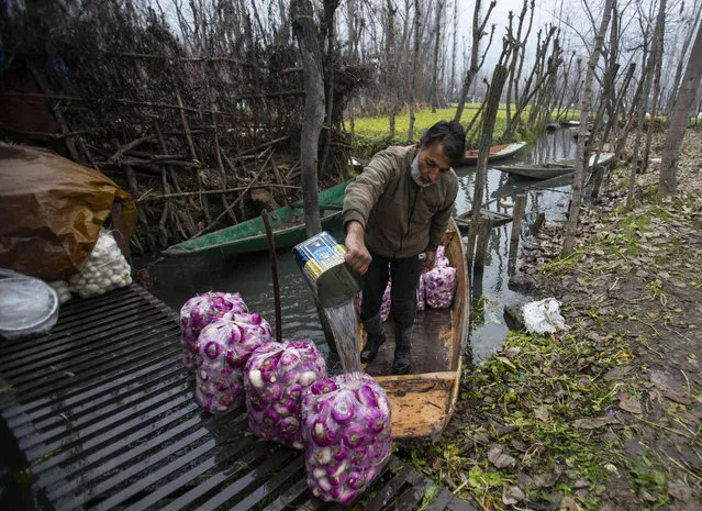 A Kashmiri vegetable vendor washes sacks of turnip before taking them to the market for sale on a cold day in Srinagar, Indian controlled Kashmir, Sunday, December 26, 2021. (Photo by Mukhtar Khan/AP Photo)