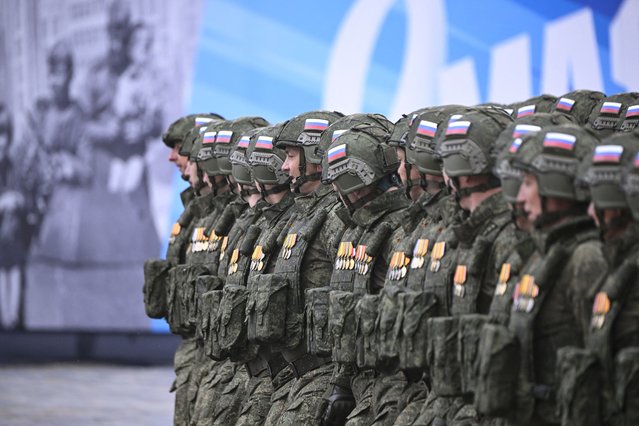 Russian servicemen involved in the country's military action in Ukraine, march on Red Square during the Victory Day military parade in central Moscow on May 9, 2024. Russia celebrates the 79th anniversary of the victory over Nazi Germany in World War II. (Photo by Alexander Nemenov/AFP Photo)