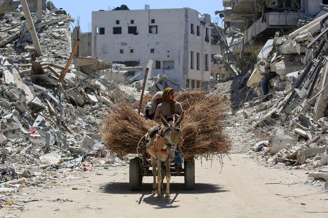 Women transport hay on a donkey-pulled cart along a devastated street in Khan Yunis in the southern Gaza Strip on May 24, 2024, as conflict between Israel and Hamas militants continues. (Photo by Eyad Baba/AFP Photo)