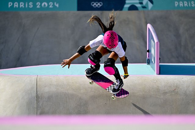 Australian Arisa Trew, winner of the gold medal pictured during the women's Skateboarding park final at Place de la Concorde, during the Paris 2024 Olympic Games, on Tuesday 06 August 2024 in Paris, France. The Games of the XXXIII Olympiad are taking place in Paris from 26 July to 11 August. The Belgian delegation counts 165 athletes competing in 21 sports. (Photo by Dirk Waem/Belga via AFP Photo)