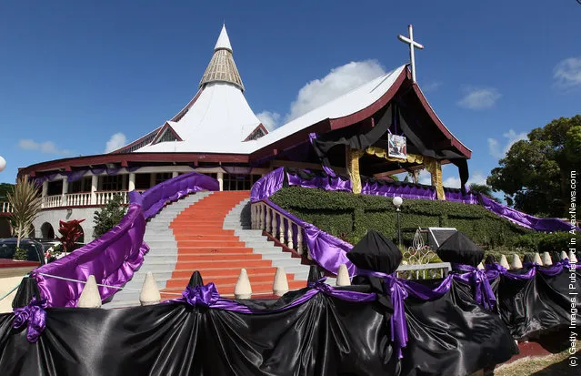 The Catholic church is drapped in black and purple material for the State Funeral held for King George Tupou V at Mala'ekula
