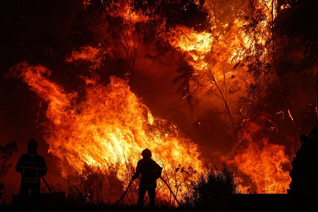 Firefighters work to put out the flames in the municipality of Odemira, 07 August 2023. The fire, which broke out in the Baiona area, in the parish of São Teotónio, 05 August, has already forced the evacuation of four locations in the municipality of Odemira (Vale dos Alhos, Vale de Água, Choça dos Vales and Relva Grande) and a rural tourism unit. (Photo by Luis Forra/EPA/EFE)