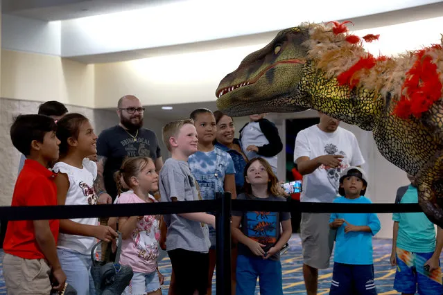 People look at an actor wearing a Tyrannosaurus custom during the “Jurassic Quest” experience at Broward County Convention Center on July 08, 2022 in Fort Lauderdale, Florida. Fans of dinosaurs can walk through moving and roaring animatronic replicas of the now extinct creatures during the three-day event. (Photo by Joe Raedle/Getty Images)